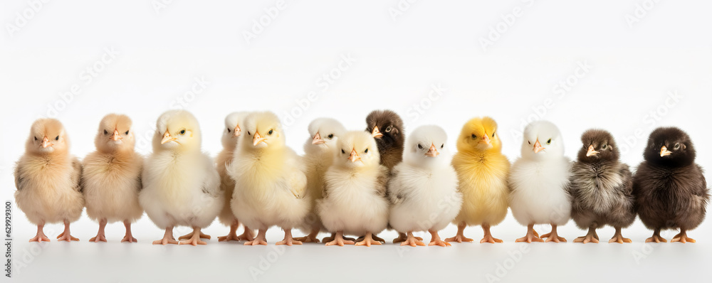 Panorama of many Young fluffy Easter Baby Chickens standing Against White Background