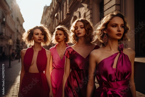 Group of female models dressed in trendy viva magenta color dress. Generative ai