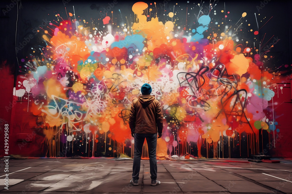 graffiti artist spray painting wall - obrazy, fototapety, plakaty 