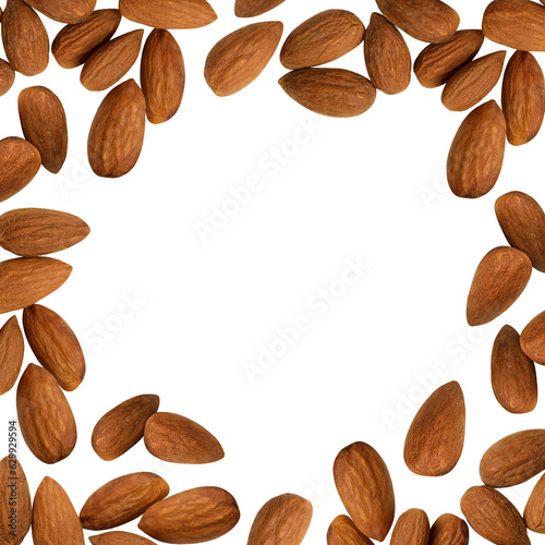 Many almond nuts isolated on transparent background. Scattered dry kernels png frame. Square banner layout with center copyspace. Social media posting. Vegetable oil packaging element. Natural snack