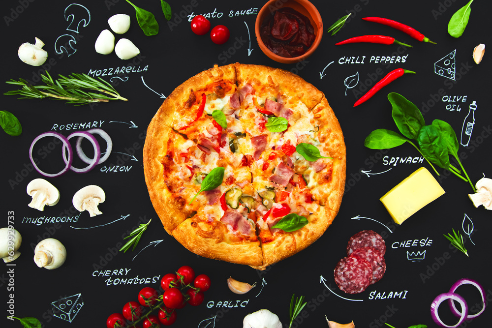 Pizza, ingredients and product names written in chalk on a black background.