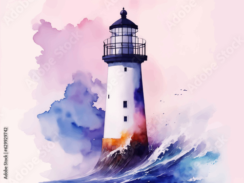 Watercolor Lighthouse Illustration with Stormy Sea and Crashing Waves. Aquarelle Style Design with Paint Splash on Nautical Theme for Poster, Banner, Invitation, Greeting Card or Cover. Ai Generated.