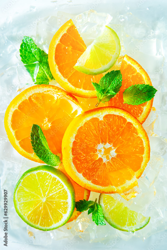 Fresh juicy slices of orange and lime with mint and ice. Fresh juicy slices of orange and lime with mint and ice.