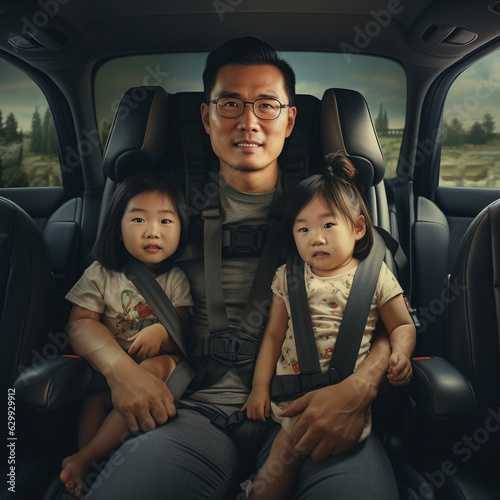 Asian parent safely securing kids in car seats belt