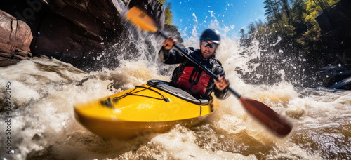 whitewater kayaking  down a white water rapid river in the mountains. Blurred human motion. rough waters. Hand edited generative AI. 