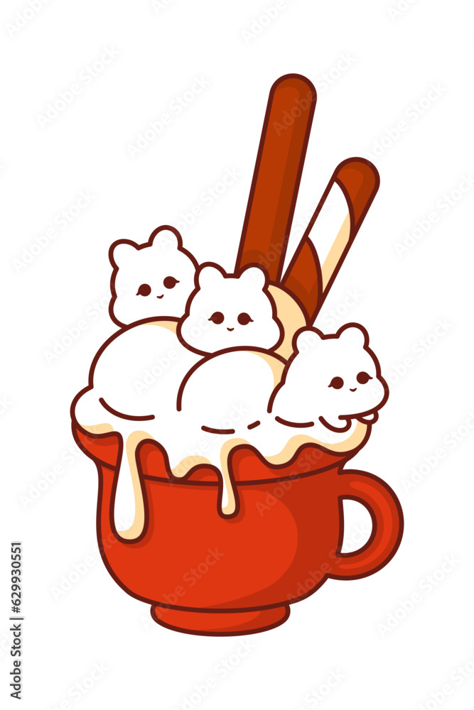 Fototapeta premium Autumn Kawaii Mug with Marshmallows. Enchanting vector autumn kawaii clipart illustration of a cute mug filled with marshmallows, set on an isolated cut-out background.