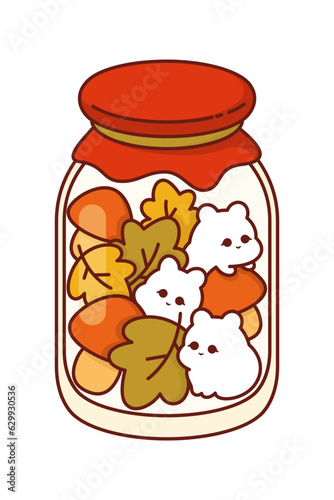 Kawaii Autumn Jam Jars.Vector kawaii clipart illustration of code jam jars with autumn leaves and charming characters, set on a cut isolated background, adding a delightful touch to the autumn scenery