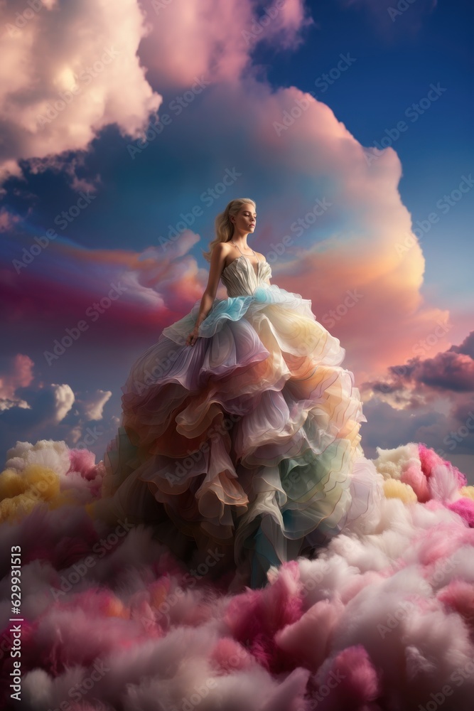 A model in a long, voluminous, iridescent gown cascading from a cloud, set against a brightly colored, rainbow sky. A surreal, conceptual fashion photo A model in a long, voluminous, iridescent gown cascading from a cloud, set against a brightly colored, rainbow sky. A surreal, conceptual fashion photo