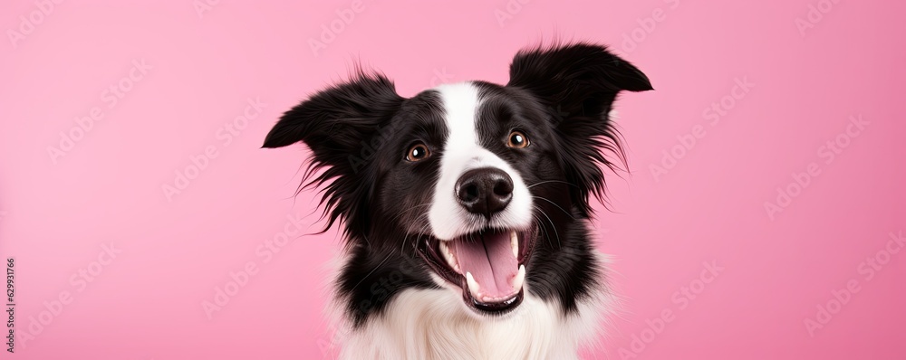 Healthy border collie against a pastel pink background - obrazy, fototapety, plakaty 