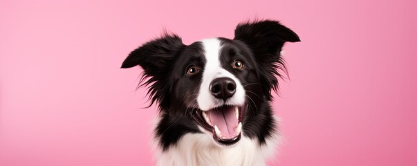 Healthy border collie against a pastel pink background