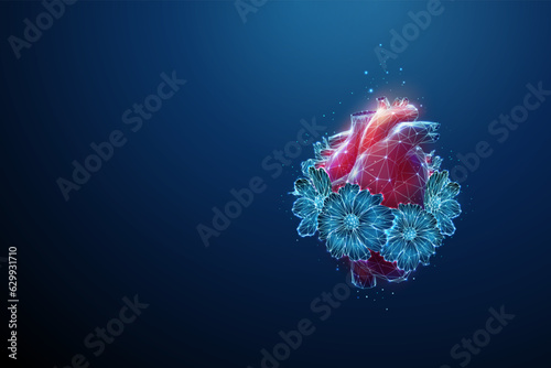 Abstract red human heart with blue flowers.