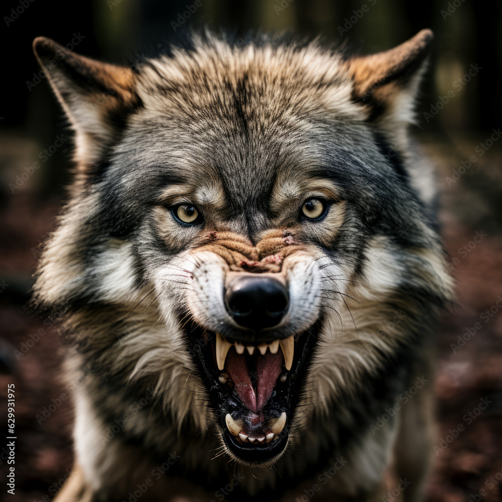 A large wolf snarling at the camera