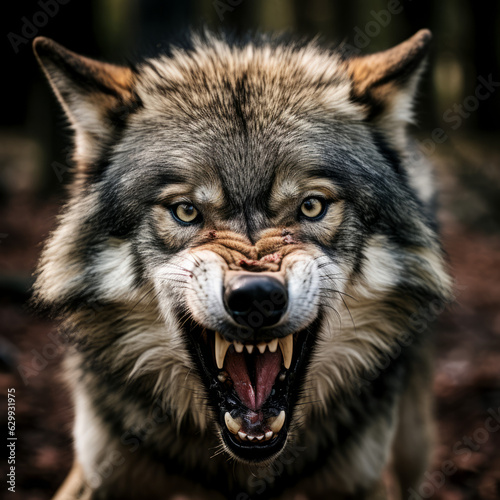 A large wolf snarling at the camera