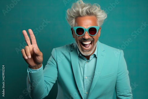 happy enthusiastic eccentric mature man in bright colors, generative ai