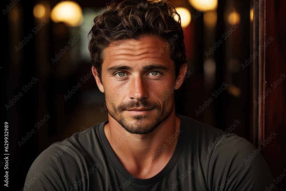 Masculinity and Grooming: A portrait of a man with a sultry, good-looking, sharp-tongued appearance.