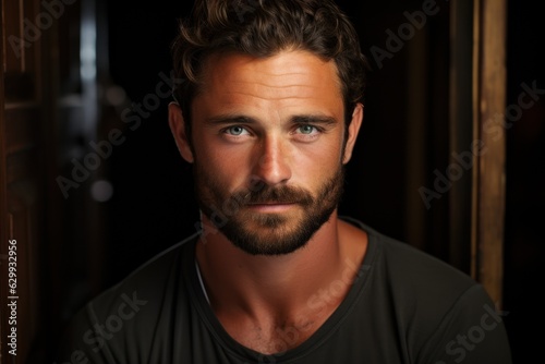 Masculinity and Grooming: A portrait of a man with a sultry, good-looking, sharp-tongued appearance.