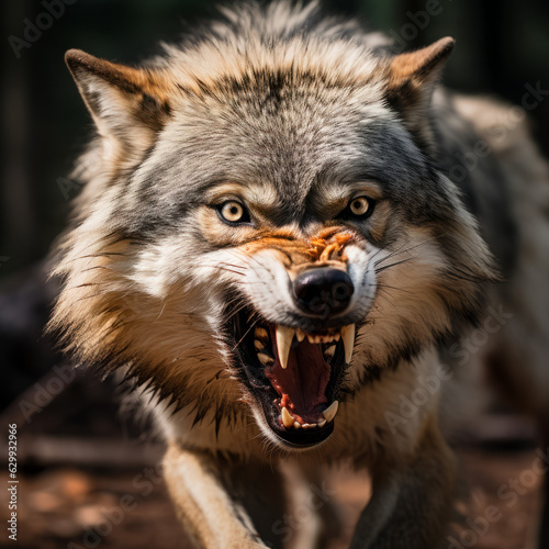 A large wolf snarling at the camera