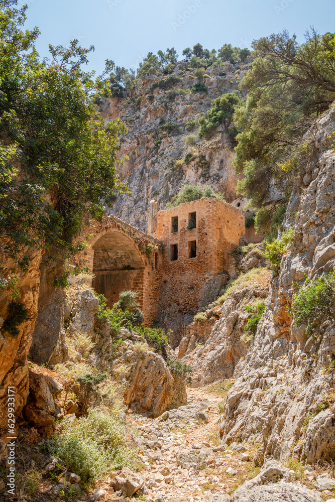 View of the ruins of The Monastery Katholiko, Akrotiri peninsula, Crete, Greece