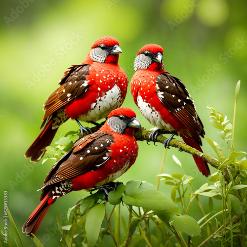 triple red brids with white spots and brown wings perching together on thin grass branch expose over bright green background, red avadavat photo