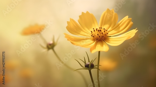 Beautiful yellow flowers on blurred background with bokeh and copy space. Autumn or summer festive natural background © Nilla