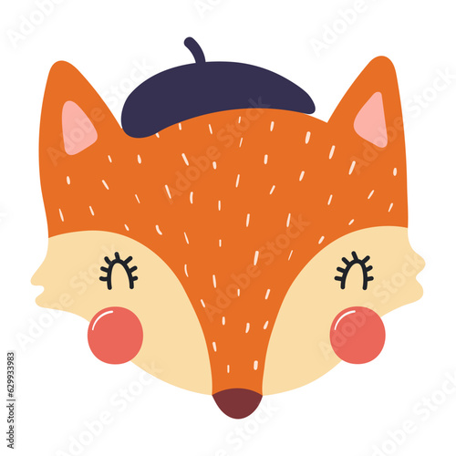 Cute fox wearing a beret character illustration. Hand drawn animal, Scandinavian style flat design, isolated vector. Kids autumn, fall print, element, seasonal activity