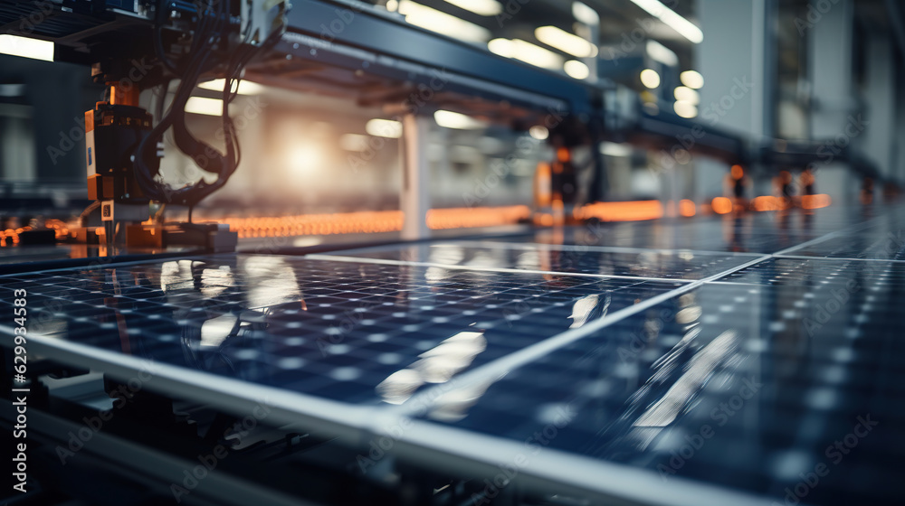 Industrial Robots Arm at Production Line at Modern Bright Factory. Solar Panels or solar cell are being Assembled on Conveyor. Automated Manufacturing Facility Industrial Robots Arm at Production Line at Modern Bright Factory. Solar Panels or solar cell are being Assembled on Conveyor. Automated Manufacturing Facility