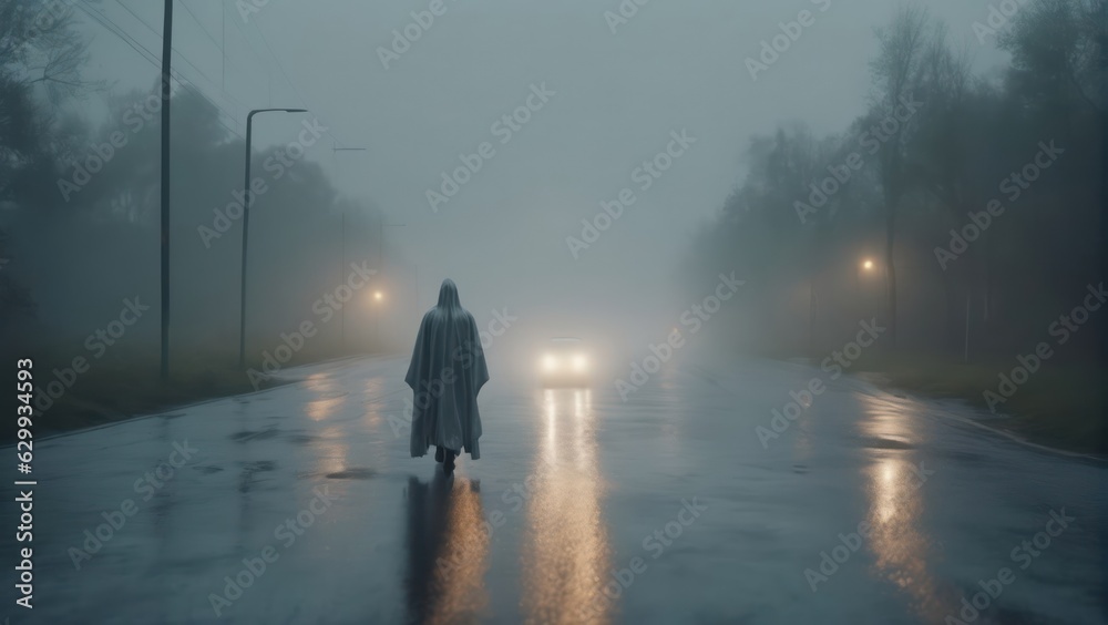 Lonely mystery ghost man on empty wet road in dense fog. Generative AI