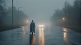 Lonely mystery ghost man on empty wet road in dense fog. Generative AI