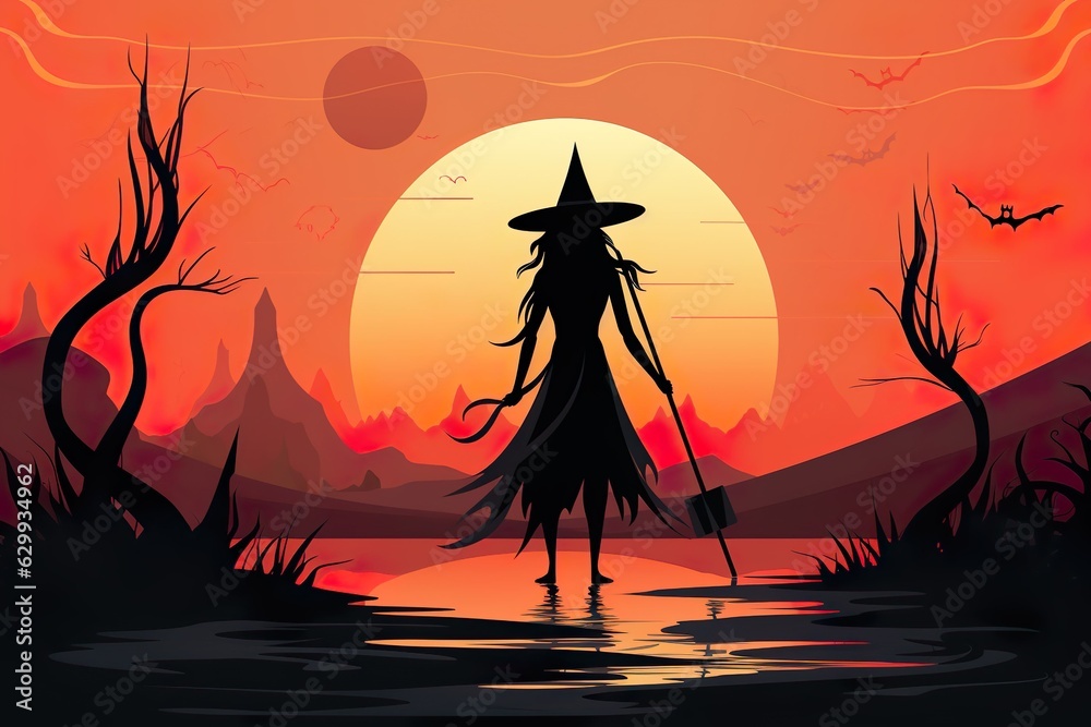 Naklejka premium Halloween Witch character with silhouette style made with generative ai technology