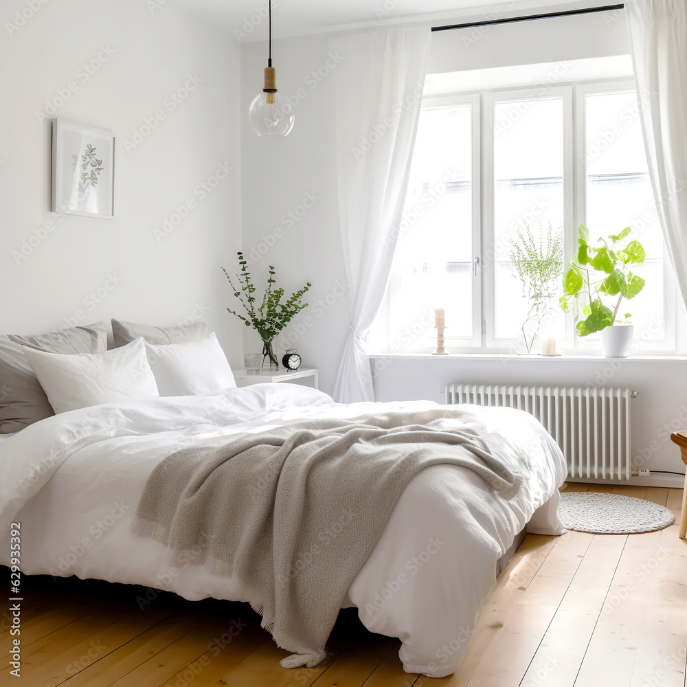 Obraz premium Scandinavian style interior design of modern bedroom.