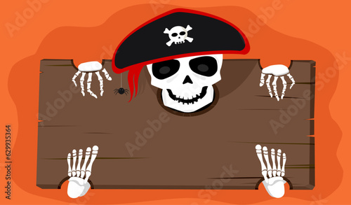 Happy Halloween vector illustration, pirate prisoner spooky skull skeleton with brown blank empty wood board on orange background. Cute monster ghost banner with copy space, Autumn holiday celebration