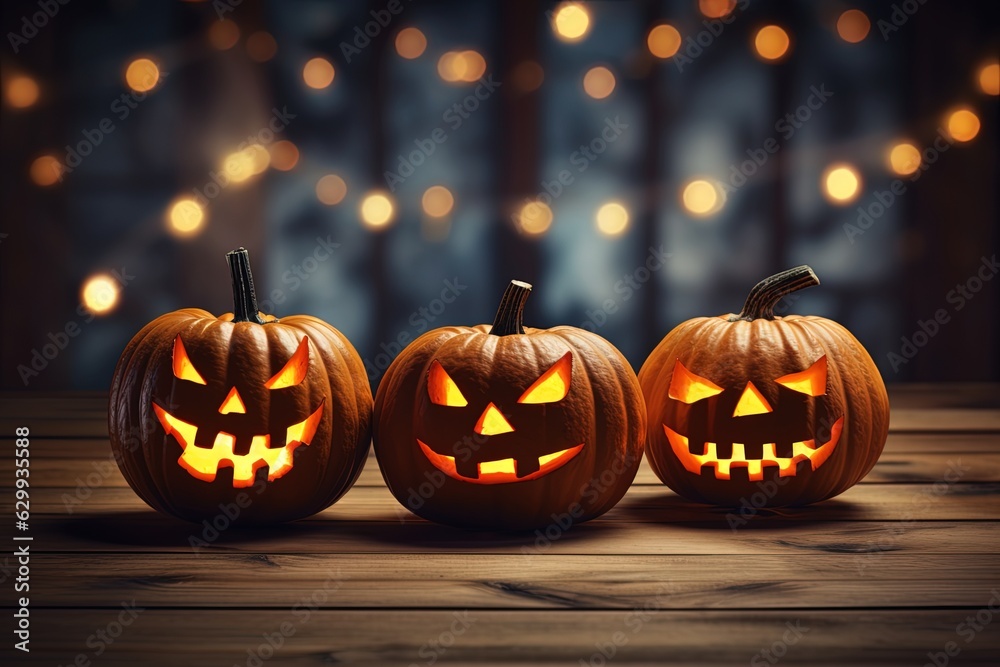 Fototapeta premium Halloween pumpkins on wooden table with bokeh lights background.Generative Ai