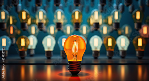 One leading light bulb in the front of others