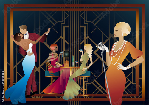 A girl with a microphone, a couple of people dancing, people at a table with alcohol. Retro party in art deco style. Vector illustration
