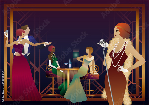 A girl with a microphone, a couple of people dancing, people at a table with alcohol. Retro party in art deco style. Vector illustration