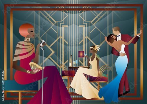 A girl with a microphone, a couple of people dancing, people at a table with alcohol. Retro party in art deco style. Vector illustration