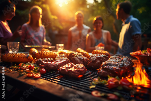 A group of friends Party with Steak food at summer grilling meat in the afternoon of weekend happy party.