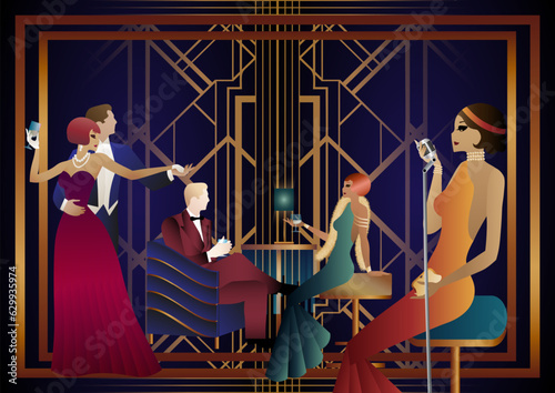 A girl with a microphone, a couple of people dancing, people at a table with alcohol. Retro party in art deco style. Vector illustration