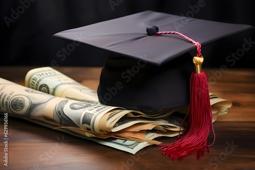 Student loan application adorned with a graduation cap, symbolizing the heavy burden of student debt on higher education pursuits photo