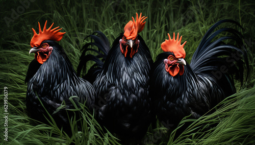 Imposing black roosters in the grass. AI generated © Alicina