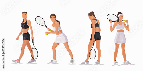 Women tennis players with a racket in different poses and clothes