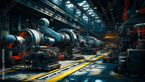 Interior of machine building plant. Multiple complicated machines and appliances are indoors. Generative AI. photo