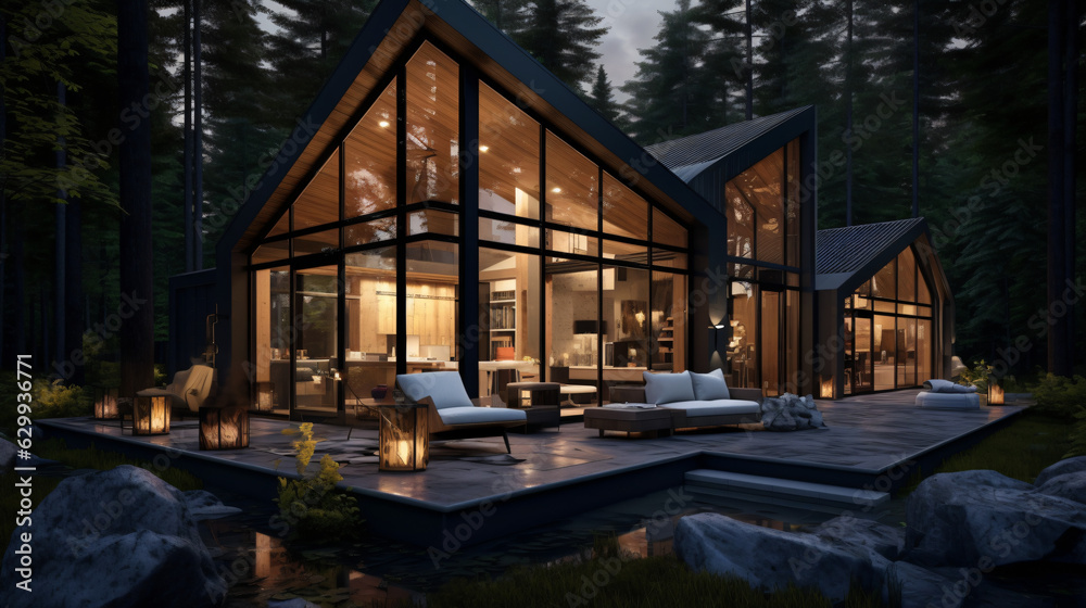 Fototapeta premium Contemporary Luxurious Villa Exterior in Minimalist Design. Glass-Encased Cottage Nestled in Woods during Nighttime. Modern Cabin-Style House Tucked in Deep Forest.