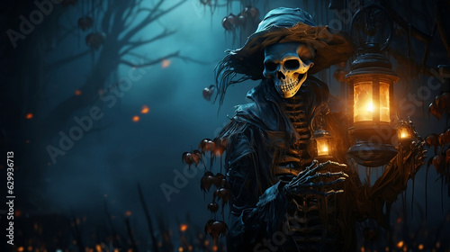 Skeleton holding lamp on Halloween. Generative AI