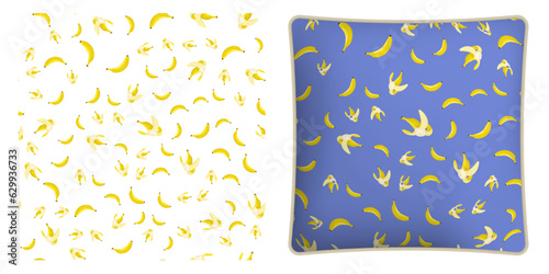 Square decorative pillow, bedroom accessory decorated Ripe peeled yellow banana with bitten off part of fruit seamless pattern. Vector ornament for design of posters and printing on textile
