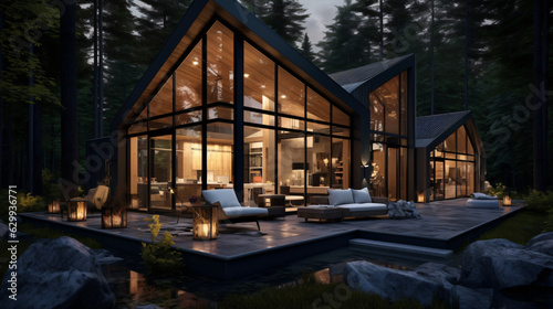 Contemporary Luxurious Villa Exterior in Minimalist Design. Glass-Encased Cottage Nestled in Woods during Nighttime. Modern Cabin-Style House Tucked in Deep Forest.