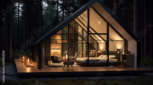 Contemporary Luxurious Villa Exterior in Minimalist Design. Glass-Encased Cottage Nestled in Woods during Nighttime. Modern Cabin-Style House Tucked in Deep Forest. © Nico Vincentini