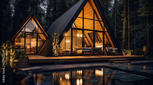 Contemporary Luxurious Villa Exterior in Minimalist Design. Glass-Encased Cottage Nestled in Woods during Nighttime. Modern Cabin-Style House Tucked in Deep Forest.