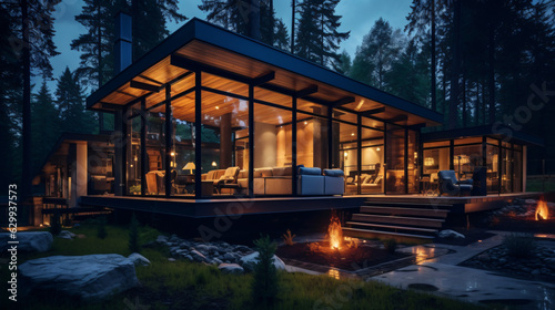 Contemporary Luxurious Villa Exterior in Minimalist Design. Glass-Encased Cottage Nestled in Woods during Nighttime. Modern Cabin-Style House Tucked in Deep Forest.