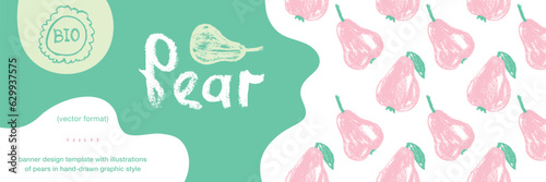 Wildlife-friendly growing fruits idea. Vector fruit label template. Vegan banner, honey pear background. Drawings of green pears pattern seamless. Baby food packaging, juice, jam. Organic gardening.